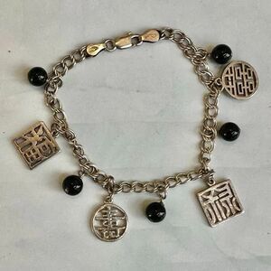 Vintage Italian Sterling Silver 925 Charm Bracelet – Chinese Symbols & Black Bea